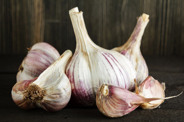 Garlic on wood close up
