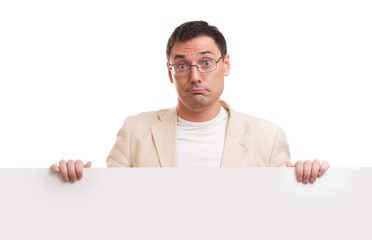 Man showing blank white billboard sign