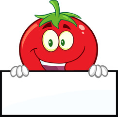 Smiling Tomato Cartoon Mascot Character Over A Blank Sign