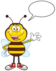 Happy Bee Cartoon Mascot Character Waving With Speech Bubble