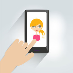 Hand with mobile. Flat graphic design .