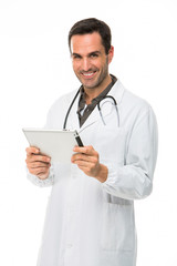 male doctor with stethoscope and digital tablet