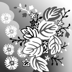 Black and white floral background with leaves and flowers