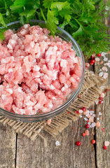 minced meat on wooden table