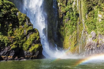 Schilderijen op glas Incredible Stirling Falls with double rainbow, Milford Sound, Fi © Greg Brave