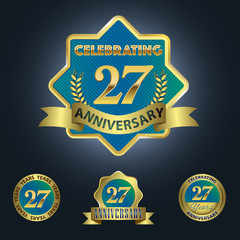 Naklejka premium Celebrating 27 Years Anniversary - Blue seal with golden ribbon