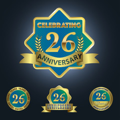 Naklejka premium Celebrating 26 Years Anniversary - Blue seal with golden ribbon