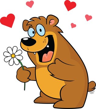 Cartoon Bear With Flower And Hearts