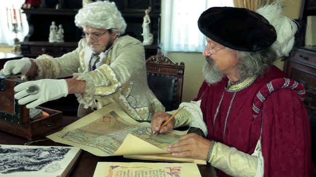 Mayor shows the money to the scholar in medieval times