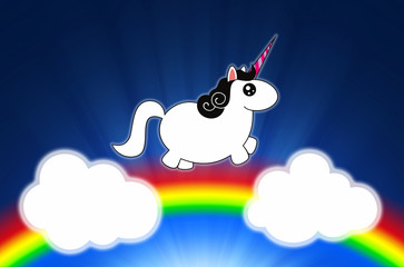 Happy unicorn, running on a rainbow between two white clouds © concept w