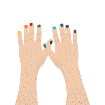 Two mainly hands with nails painted the color of the rainbow