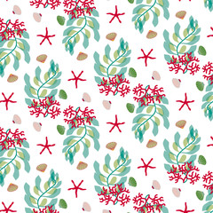 Seemless pattern with sea star, corals, shells and seaweed.