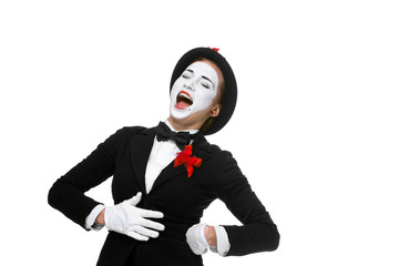 Portrait of the surprised and joyful mime with open mouth