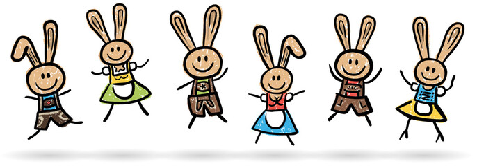 6 lustige Osterhasen beim Freudensprung – handgezeichnet © snyGGG