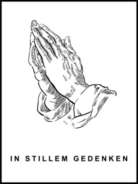 Trauerkarte mit betenden Händen, handgezeichnet, Hochformat