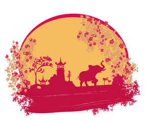 Abstract card with Asian buildings and elephant