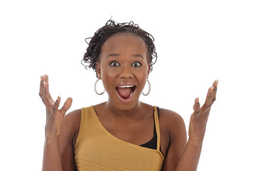 femme noire heureusement surprise - obrazy, fototapety, plakaty