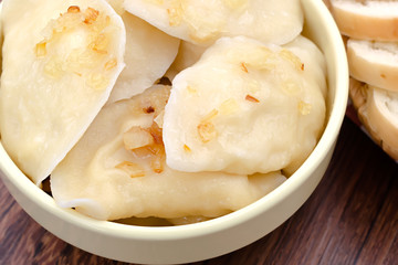 dumplings with fried onions close up