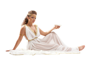 Classical Greek Goddess in Tunic Holding Bowl - obrazy, fototapety, plakaty