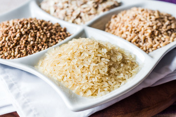 raw cereals,.buckwheat, oats, pearl barley, white rice