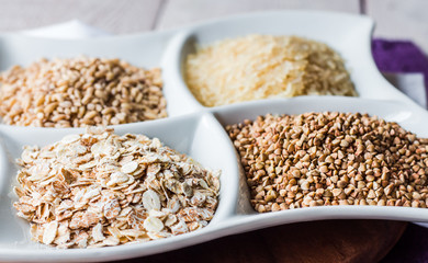 raw cereals,.buckwheat, oats, pearl barley, white rice