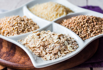 raw cereals,.buckwheat, oats, pearl barley, white rice