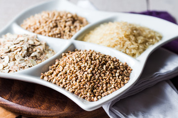 raw cereals,.buckwheat, oats, pearl barley, white rice