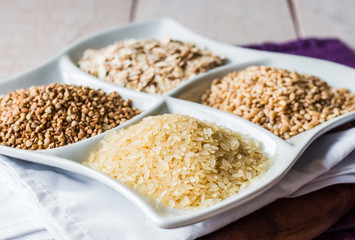 raw cereals,.buckwheat, oats, pearl barley, white rice