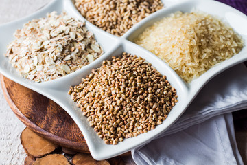 raw cereals,.buckwheat, oats, pearl barley, white rice