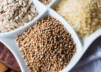 raw cereals,.buckwheat, oats, pearl barley, white rice