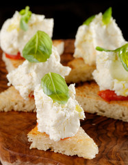Spanish food tapas. Toasted bread with fresh cheese