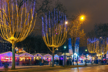 Obraz premium Christmas market on the Champs Elysees in Paris at night