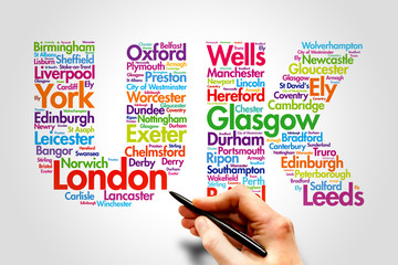 United Kingdom (UK), cities names word cloud travel concept