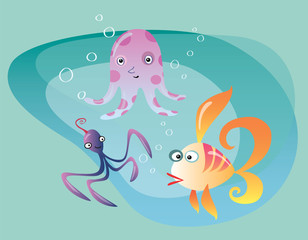 Obraz na płótnie Canvas Underwater ocean life cuttlefish octopus and fish
