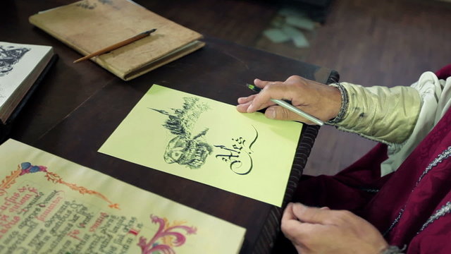 An old medieval scholar subscribing himself in calligraphic writing