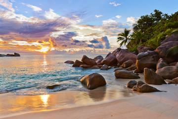 Seychelles tropical beach at sunset