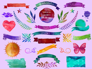 Watercolor Banners, Frames, Branches and Shapes