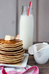 Pancake with butter, honey and milk, sweet breakfast
