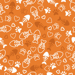 Seamless pattern with cat paw prints, fish bone and hearts. Oran