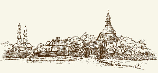 Old Ukrainian village. Vector sketch