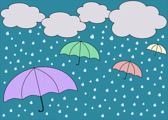 Blue rainy sky with colorful umbrellas