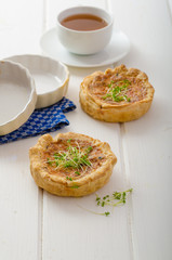 Onion mini quiche with bacon and corn