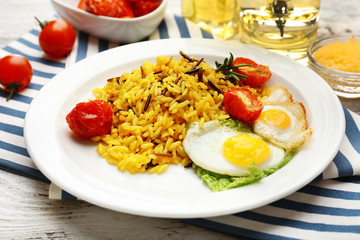 Tasty rice served on table, close-up