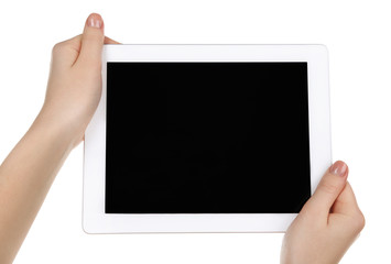 Hands holding tablet PC isolated on white