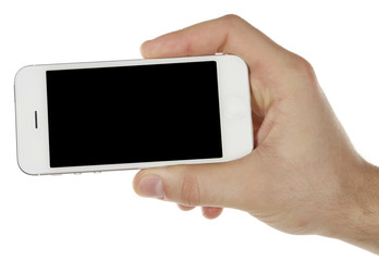 Hand holding mobile smart phone isolated on white