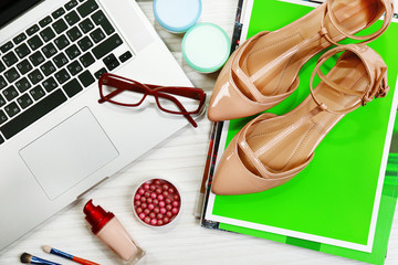 Fashion blogger concept. Still life of fashion creative space