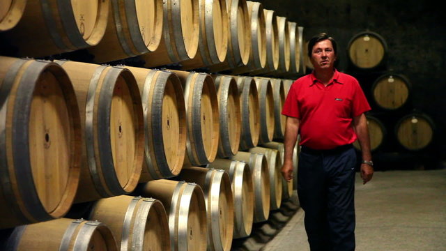 Shot of the man checking the barrels in the wine cellar