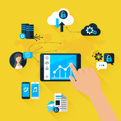 Flat vector illustration concept mobile devices connected onto a