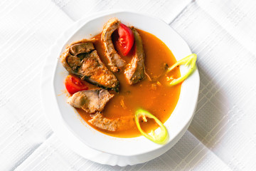 Food on white tablecloth