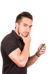 young male handsome referee wearing black uniform